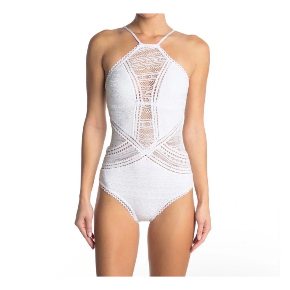 NWT BECCA | One Piece Swimsuit L White Crochet Lace High Neck Halter Open Back
